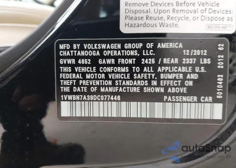 2013 Volkswagen Passat 2.0L Tdi Se from USA, damaged, VIN 1VWBN7A39DC077446